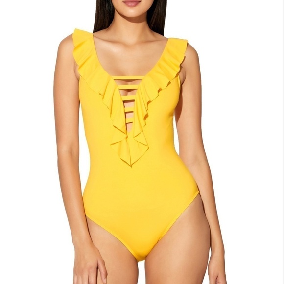 Bleu Rod Beattie Ruffle Lattice Plunge One Piece Swimsuit Sz 8 - Picture 2 of 13